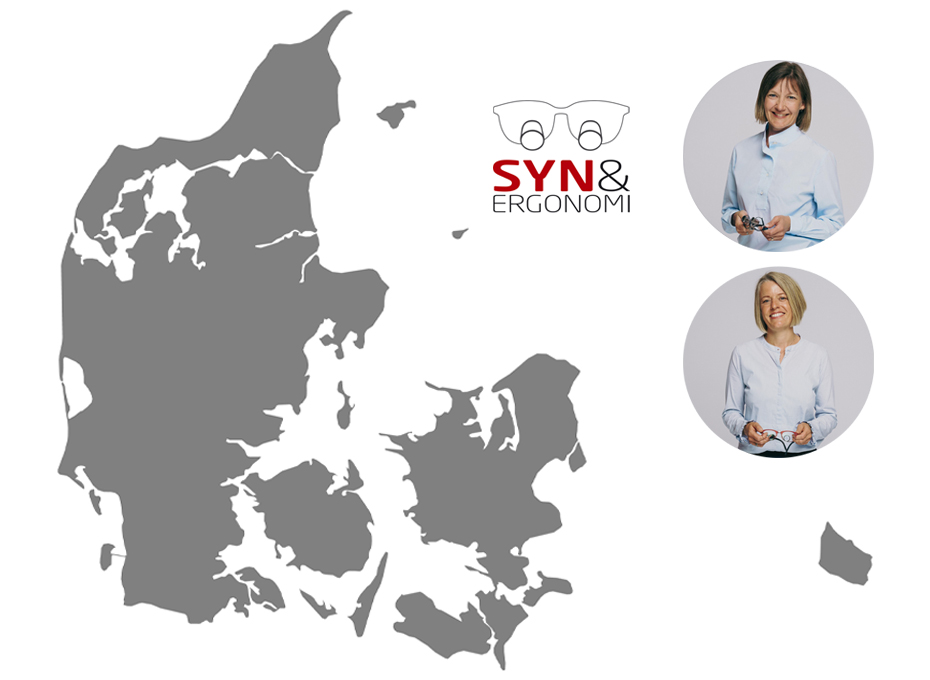 Danmarkskort med Syn & Ergonomi logo og ikon-billede af Dorte og Louise- optikere af Syn & Ergonomi i øverste højre hjørne
