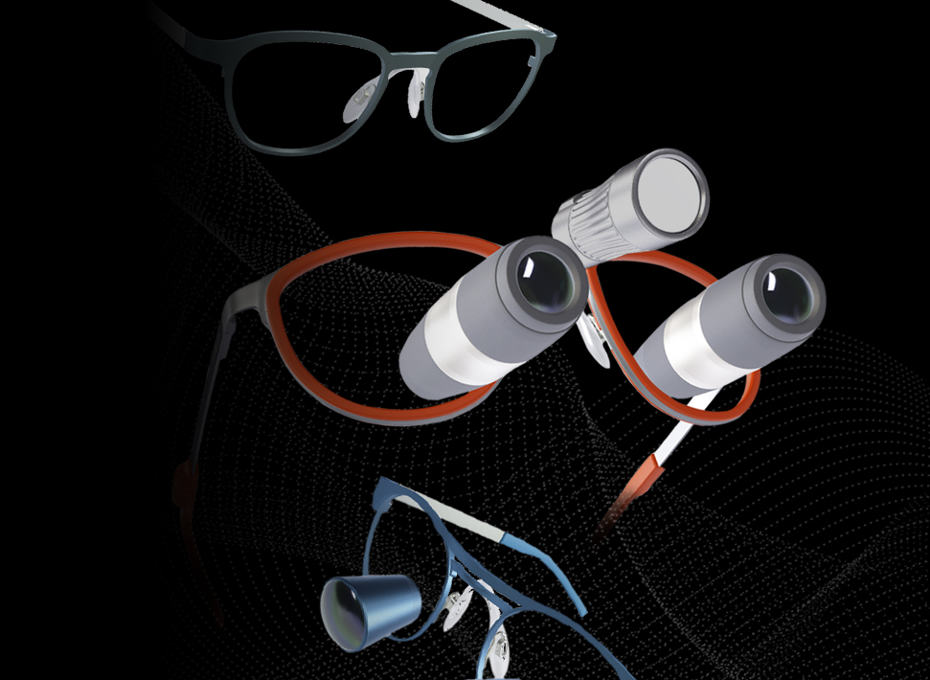 3D  image of ExamVision Galilean HD loupes in Panto frame in Burnt Bronze colour, Kepler Advanced loupes in Icon frame in Azure Blue colour and glasses in Carbon V2 frame