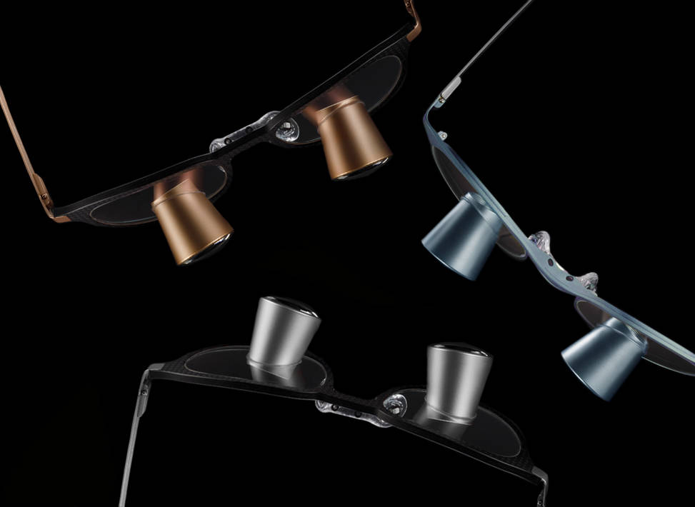 Clockwise from top left: Carbon v2 and Galilean HD Coloured Oculars in Rose Gold, Panto SPLASH and Galilean HD Coloured Oculars in Blue Slate, Carbon v2 and Galilean HD Coloured Oculars in Raw